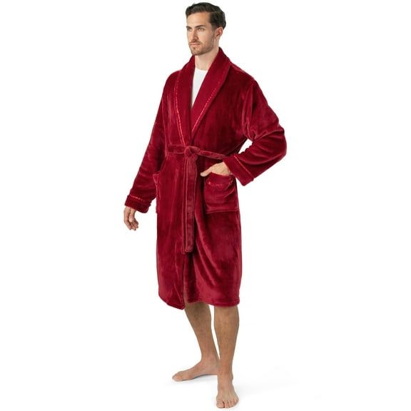 PAVILIA Mens Robe, Soft Robe for Men, Fleece Warm Long Bathrobe for Bath Shower Spa with Shawl Collar and Pockets, Plush Microfiber -Wine Red