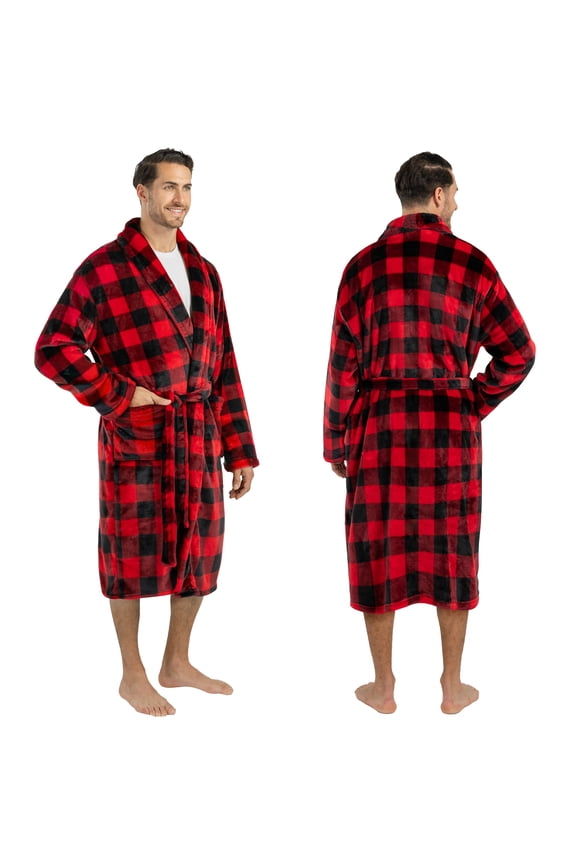 Mens Soft Robe Bathrobe for Men, Lightweight Fleece Male Plaid Robe Long Bath Shower Spa with Shawl Collar and Pockets (Black Red Buffalo Checkered, L/XL)