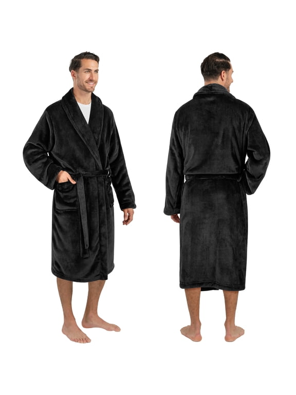 Men's Soft Fleece Bathrobe Lightweight Robe for Men, Black L/XL