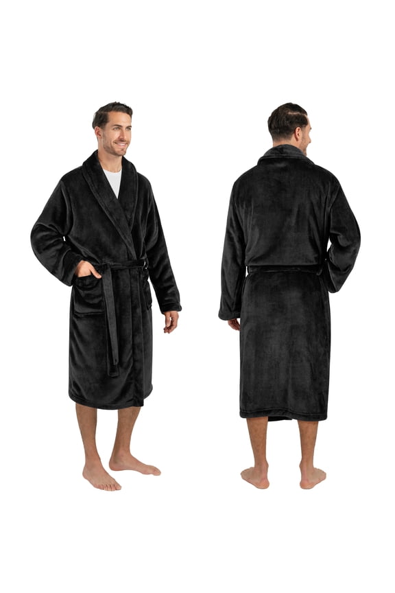 Mens Soft Robe Bathrobe for Men, Lightweight Fleece Male Robe Long Bath Shower Spa with Shawl Collar and Pockets (Black, L/XL)