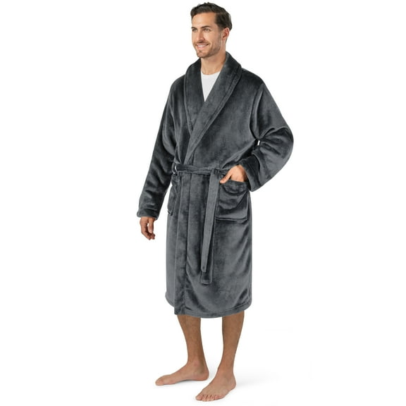 PAVILIA Mens Soft Robe Bathrobe for Men, Lightweight Fleece Male Robe Long Bath Shower Spa with Shawl Collar and Pockets (Gray, L/XL)
