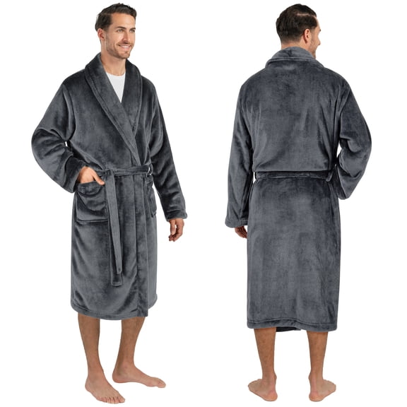 PAVILIA Mens Soft Robe Bathrobe for Men, Lightweight Fleece Male Robe Long Bath Shower Spa with Shawl Collar and Pockets (Gray, L/XL)