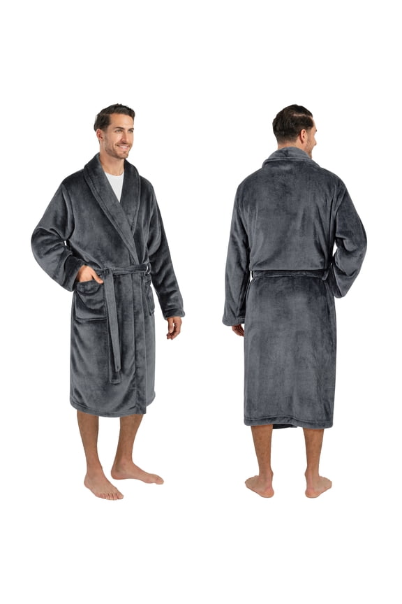 Mens Soft Robe Bathrobe for Men, Lightweight Fleece Male Robe Long Bath Shower Spa with Shawl Collar and Pockets (Gray, L/XL)