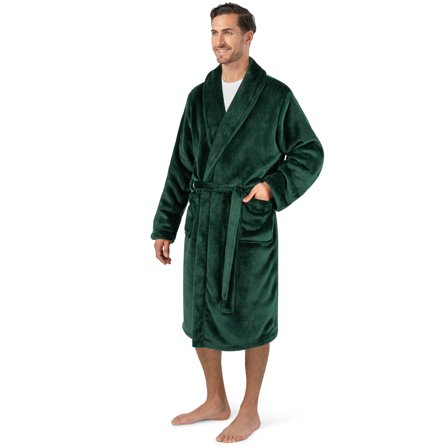 PAVILIA Mens Soft Robe Bathrobe for Men, Lightweight Fleece Male Robe Long Bath Shower Spa with Shawl Collar and Pockets (Green, 2XL/3XL)