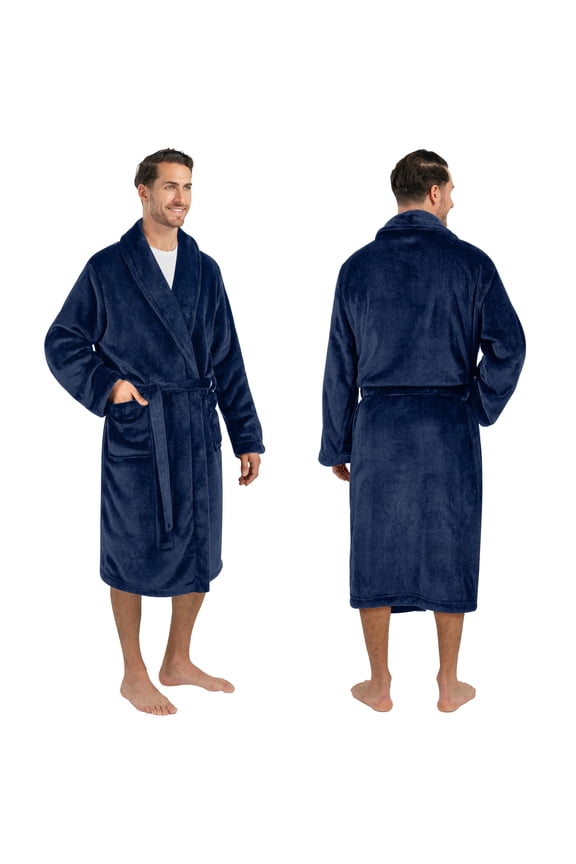 Mens Soft Robe Bathrobe for Men, Lightweight Fleece Male Robe Long Bath Shower Spa with Shawl Collar and Pockets (Navy Blue, 2XL/3XL)