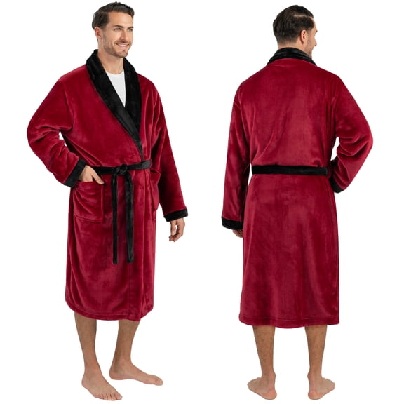 PAVILIA Mens Soft Robe Bathrobe for Men, Lightweight Fleece Male Robe Long Bath Shower Spa with Shawl Collar and Pockets (Red Black, L/XL)