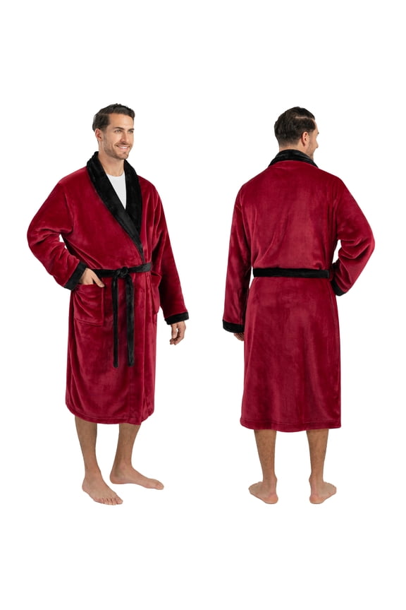 Mens Soft Robe Bathrobe for Men, Lightweight Fleece Male Robe Long Bath Shower Spa with Shawl Collar and Pockets (Red Black, S/M)