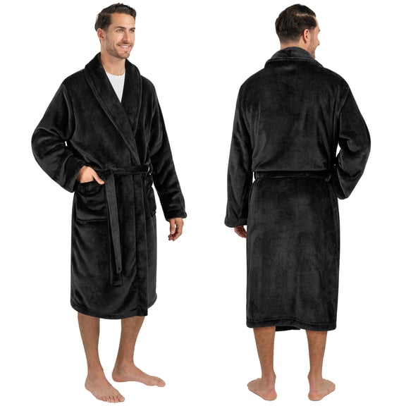 PAVILIA Mens Soft Robe Bathrobe for Men, Lightweight Fleece Male Robe Long Bath Shower Spa with Shawl Collar and Pockets (Black, S/M)