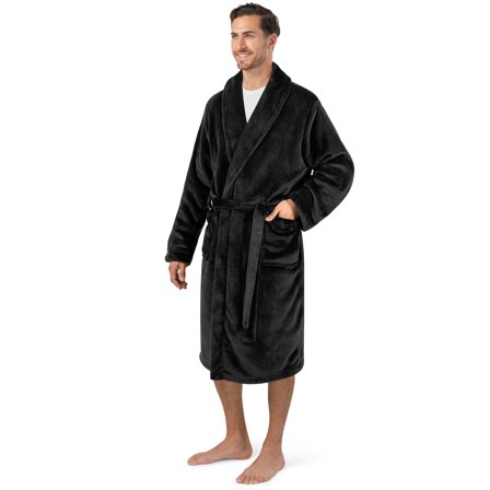 PAVILIA Mens Soft Robe Bathrobe for Men, Lightweight Fleece Male Robe Long Bath Shower Spa with Shawl Collar and Pockets (Black, S/M)