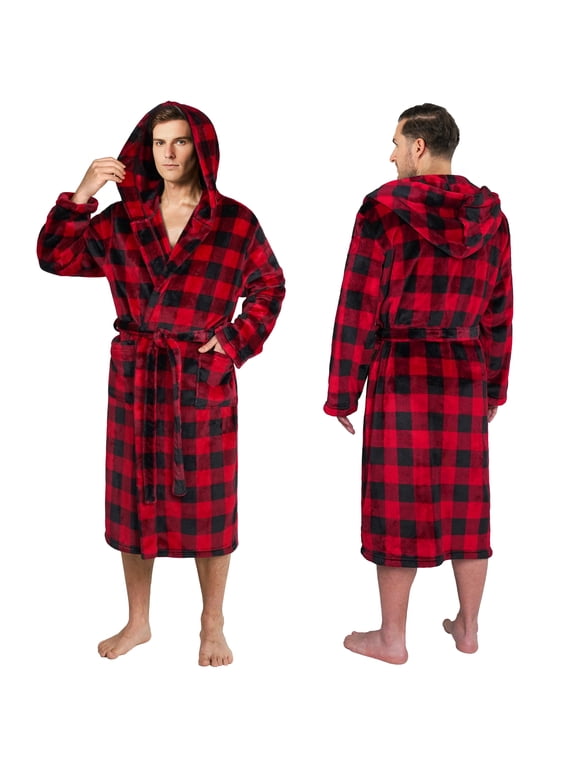 Men's Soft Hooded Bathrobe Lightweight Robe for Men, Plaid Red S/M