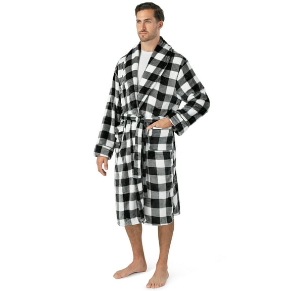 PAVILIA Mens Soft Robe, Plaid White | Warm Fleece Robes for Men, Soft Spa Bathrobe with Piping, Shawl Collar, and Pockets (Black and White Buffalo Plaid Checkered)