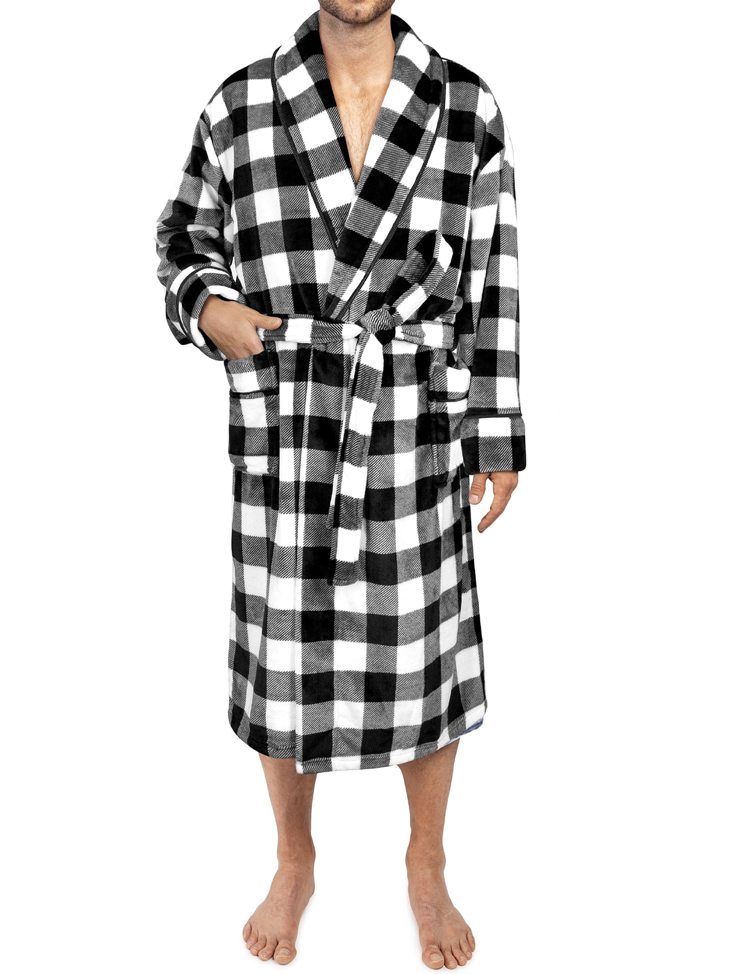 PAVILIA Mens Soft Fleece Robe, Shawl Collar, Pockets, Black/White