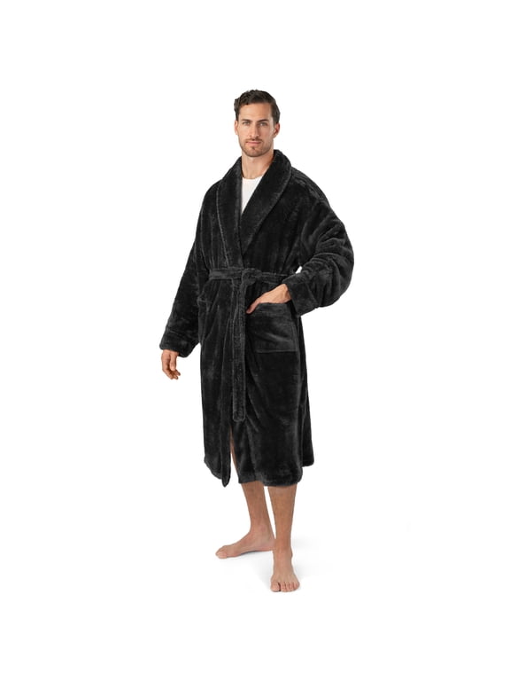 Mens Soft Robe, Plush Fluffy Fleece Bathrobe for Men, Long Sherpa Spa Robe with Shawl Collar (Black,L/XL)