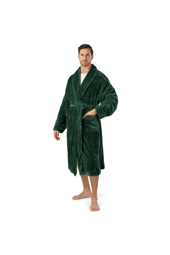 Mens Soft Robe, Plush Fluffy Fleece Bathrobe for Men, Long Sherpa Spa Robe with Shawl Collar (Green,L/XL)