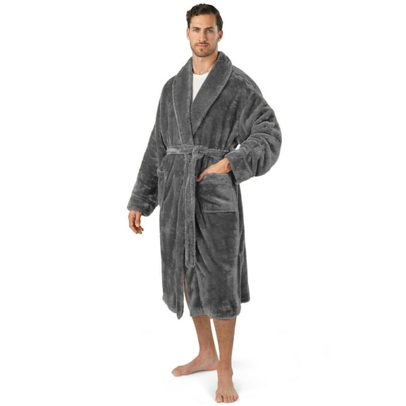 PAVILIA Mens Soft Robe, Plush Fluffy Fleece Bathrobe for Men, Long Sherpa Spa Robe with Shawl Collar (Grey,L/XL)