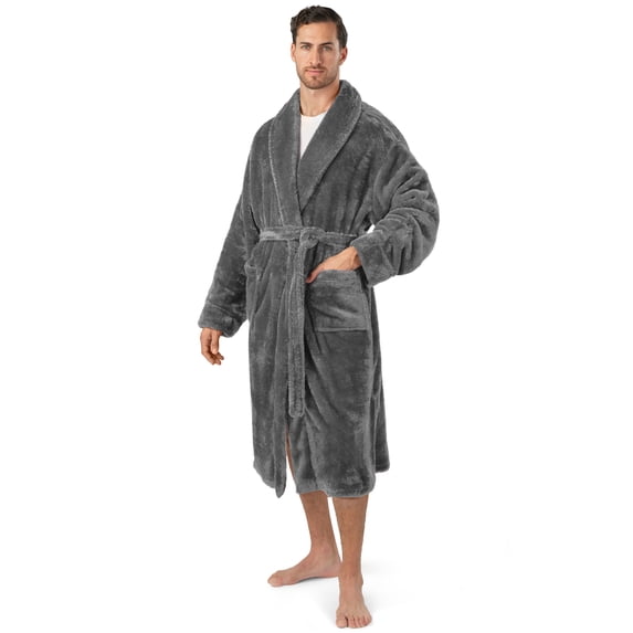 PAVILIA Mens Soft Robe, Plush Fluffy Fleece Bathrobe for Men, Long Sherpa Spa Robe with Shawl Collar (Grey,S/M)