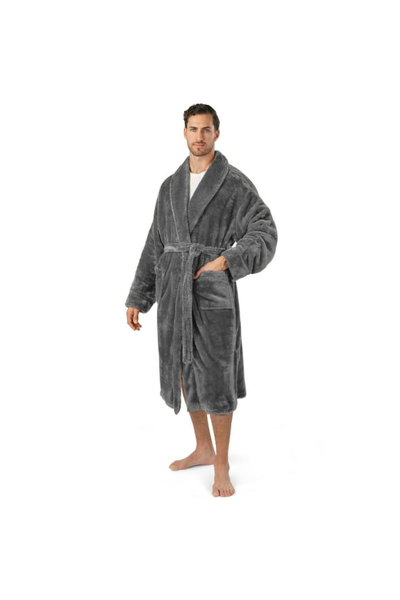 Mens Soft Robe, Plush Fluffy Fleece Bathrobe for Men, Long Sherpa Spa Robe with Shawl Collar (Grey,S/M)