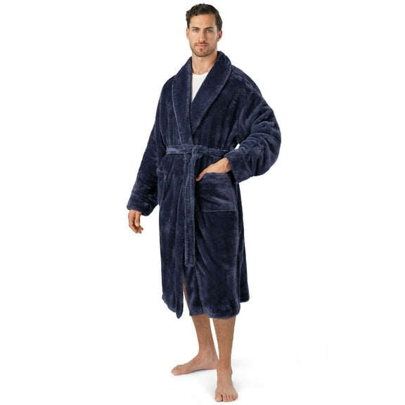 PAVILIA Mens Soft Robe, Plush Fluffy Fleece Bathrobe for Men, Long Sherpa Spa Robe with Shawl Collar (Navy Blue,L/XL)