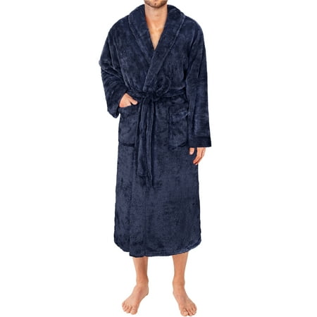 PAVILIA Mens Soft Robe, Plush Fluffy Fleece Bathrobe for Men, Long Sherpa Spa Robe with Shawl Collar (Navy Blue,L/XL)