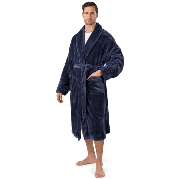 PAVILIA Mens Soft Robe, Plush Fluffy Fleece Bathrobe for Men, Long Sherpa Spa Robe with Shawl Collar (Navy Blue,S/M)