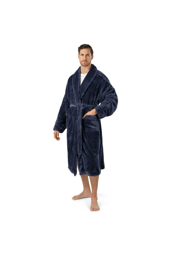 Mens Soft Robe, Plush Fluffy Fleece Bathrobe for Men, Long Sherpa Spa Robe with Shawl Collar (Navy Blue,S/M)