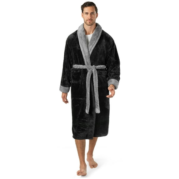PAVILIA Mens Soft Robe, Plush Fluffy Fleece Bathrobe for Men, Long Sherpa Spa Robe with Shawl Collar (Two-Tone Black)