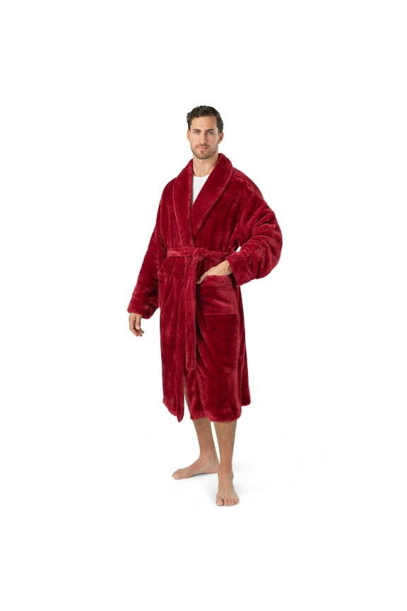 Mens Soft Robe, Plush Fluffy Fleece Bathrobe for Men, Long Sherpa Spa Robe with Shawl Collar (Wine Red,S/M)