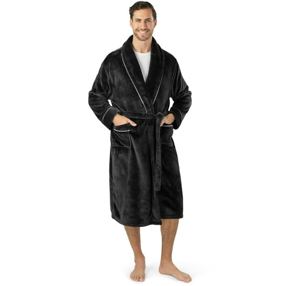 PAVILIA Mens Soft Robe, Plush Warm Bathrobe for Men, Long Spa Robe with Shawl Collar, Pockets, Trim Piping (Black)