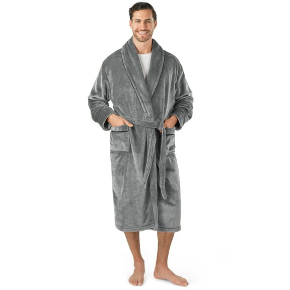 PAVILIA Mens Soft Robe, Plush Warm Bathrobe for Men, Long Spa Robe with Shawl Collar, Pockets, Trim Piping (Grey)