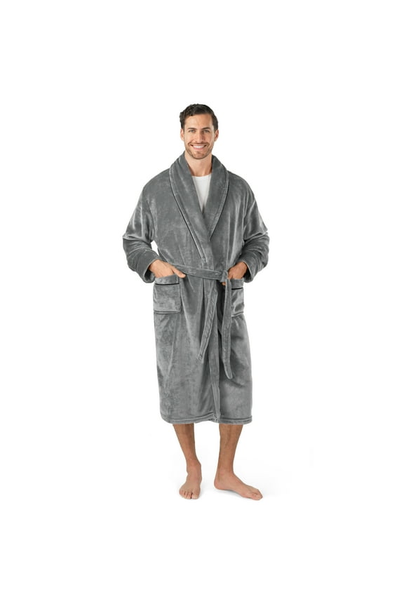 Mens Soft Robe, Plush Warm Bathrobe for Men, Long Spa Robe with Shawl Collar, Pockets, Trim Piping (Grey)