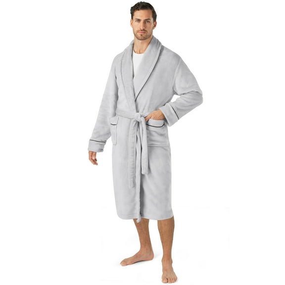 PAVILIA Mens Soft Robe, Plush Warm Bathrobe for Men, Long Spa Robe with Shawl Collar, Pockets, Trim Piping (Light Grey)