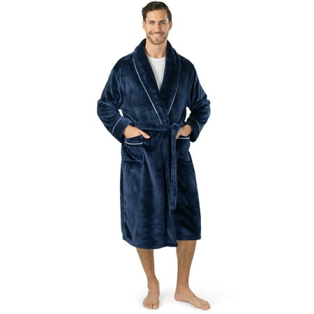 PAVILIA Mens Soft Robe, Plush Warm Bathrobe for Men, Long Spa Robe with Shawl Collar, Pockets, Trim Piping (Navy Blue)