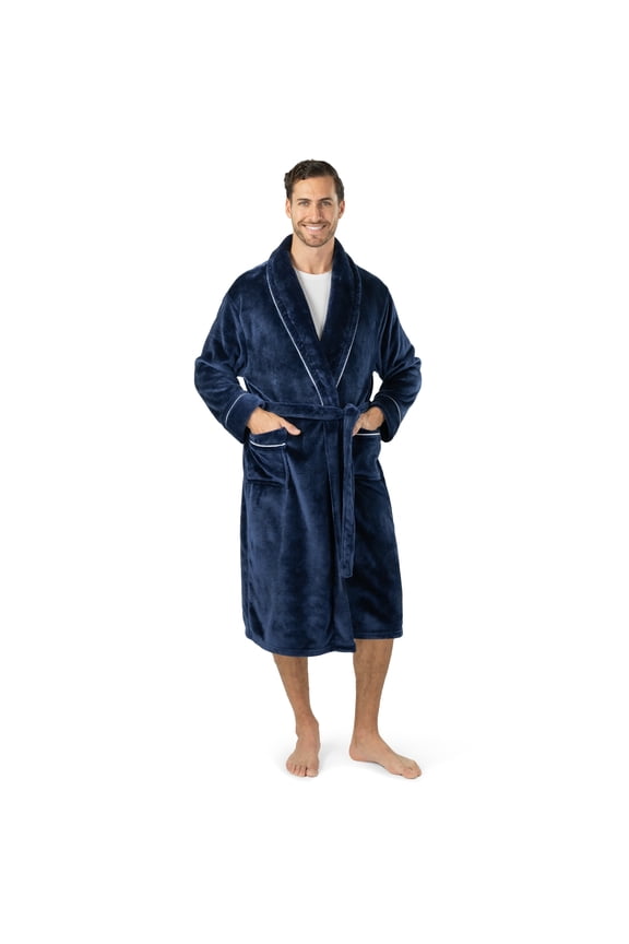 Mens Soft Robe, Plush Warm Bathrobe for Men, Long Spa Robe with Shawl Collar, Pockets, Trim Piping (Navy Blue)