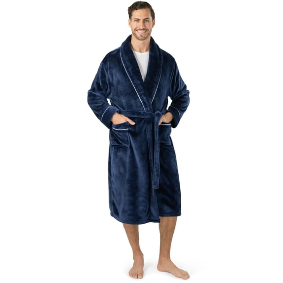 PAVILIA Mens Soft Robe, Plush Warm Bathrobe for Men, Long Spa Robe with Shawl Collar, Pockets, Trim Piping (Navy Blue)
