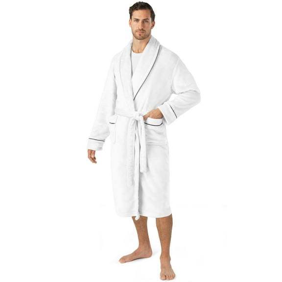 PAVILIA Mens Soft Robe, Plush Warm Bathrobe for Men, Long Spa Robe with Shawl Collar, Pockets, Trim Piping (White)