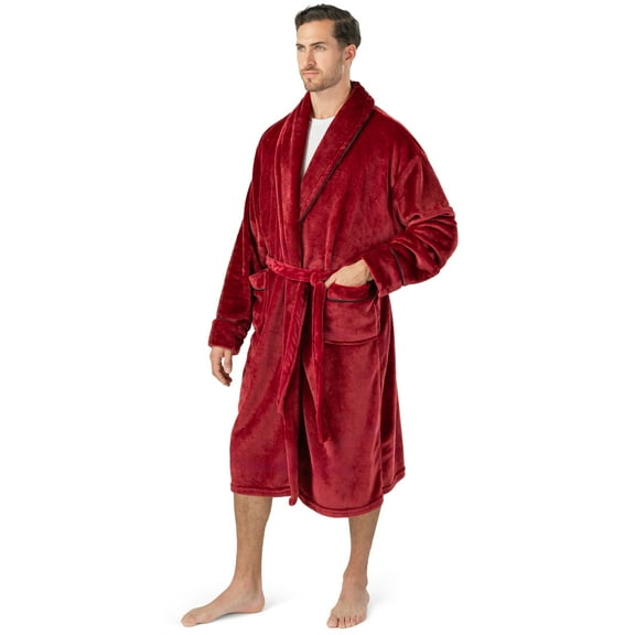 PAVILIA Mens Soft Robe, Plush Warm Bathrobe for Men, Long Spa Robe with Shawl Collar, Pockets, Trim Piping (Wine)