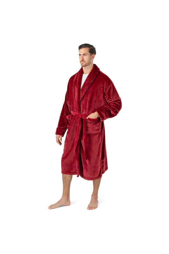 Mens Soft Robe, Plush Warm Bathrobe for Men, Long Spa Robe with Shawl Collar, Pockets, Trim Piping (Wine)