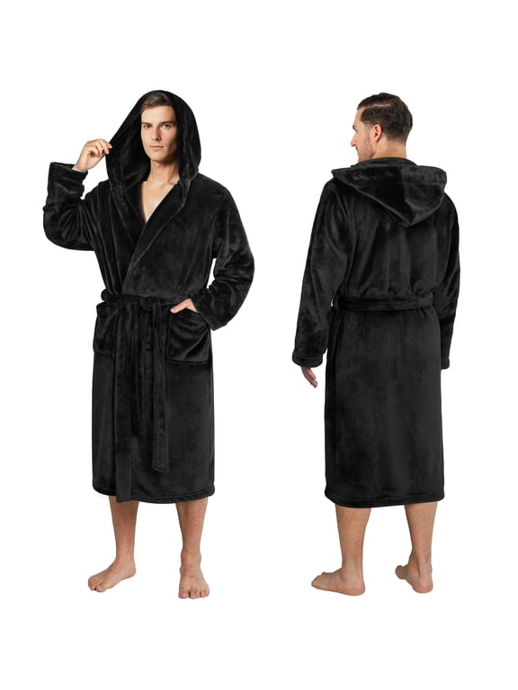 Men's Soft Hooded Bathrobe Lightweight Robe for Men, Black S/M