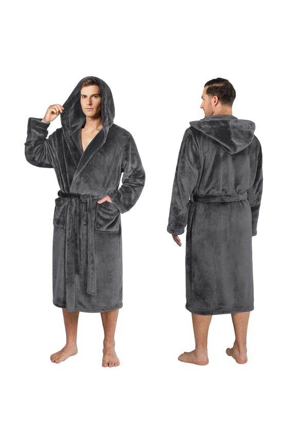 Mens Soft Robe with Hood, Bathrobe for Men, Lightweight Fleece Male Robe Long Bath Shower Spa with Shawl Collar and Pockets (Gray, S/M)