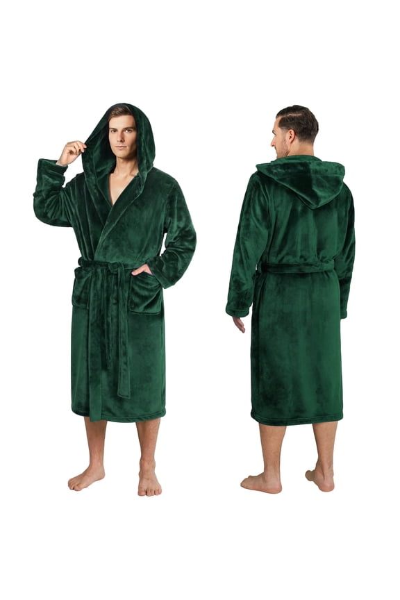 Mens Soft Robe with Hood, Bathrobe for Men, Lightweight Fleece Male Robe Long Bath Shower Spa with Shawl Collar and Pockets (Green, S/M)