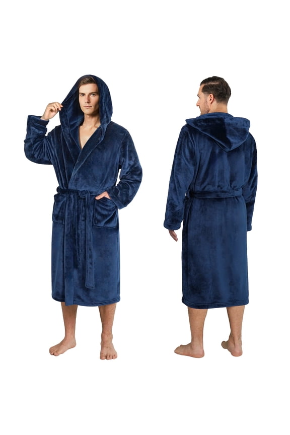 Mens Soft Robe with Hood, Bathrobe for Men, Lightweight Fleece Male Robe Long Bath Shower Spa with Shawl Collar and Pockets (Navy Blue, S/M)