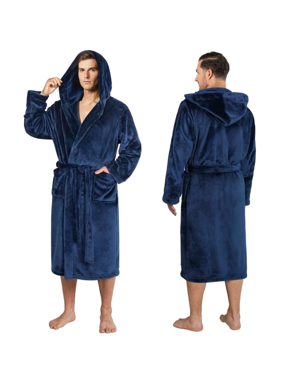 Men's Soft Hooded Bathrobe Lightweight Robe for Men, Navy Blue S/M