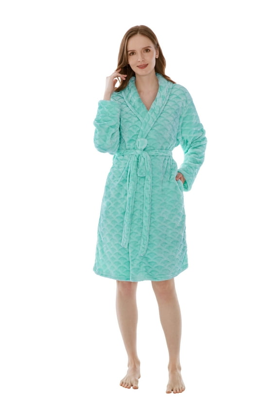 Mint Teal Short Robes for Women Plus Size, Plush Soft Womens Bathrobe Lightweight, Fluffy Fuzzy Cozy Women’s Bath Robe Knee Length, Shower SpaHouse Kimono Robe, 2XL/3XL