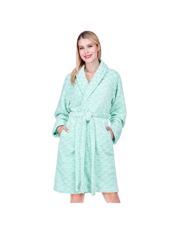 Mint Green Plush Robe for Women, Soft Fleece Short Bathrobe, S/M