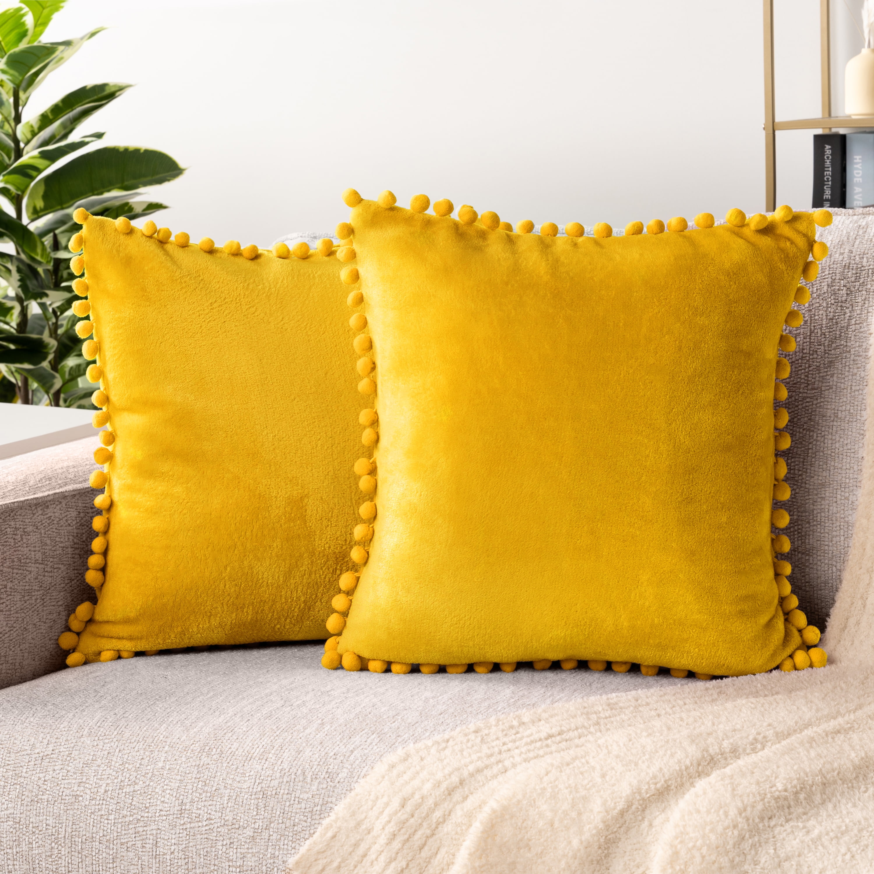 PAVILIA Set of 2 Pom Pom Throw Pillow Covers, Decorative Pompom Fringe Square Cushion Cases for Couch Sofa Bed, Yellow/18 x 18
