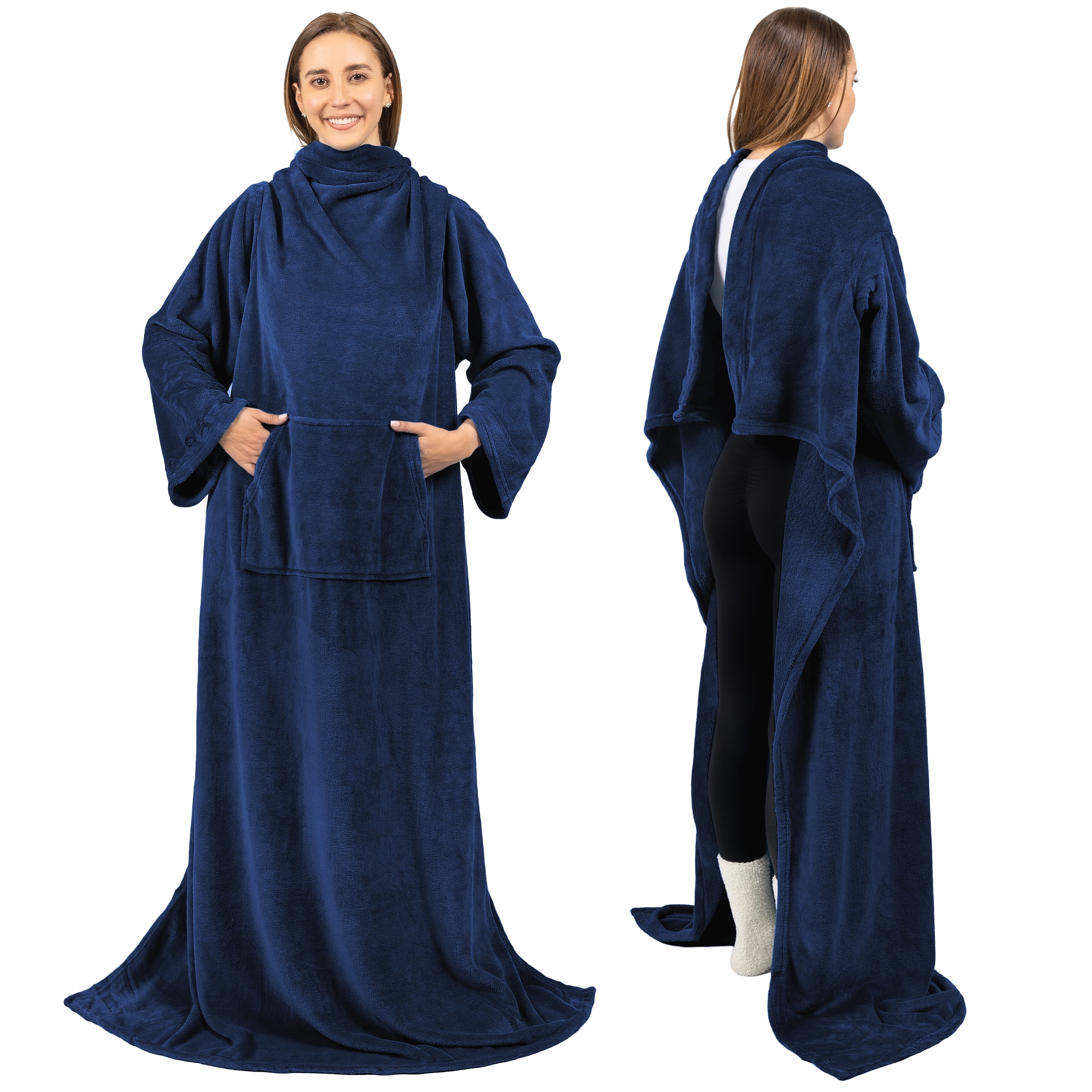 PAVILIA Navy Blue Fleece Wearable Blanket with Sleeves for Adults Women Men, Soft Warm Full Body Wrap Throw, Sweatshirt Pocket, Cozy Pullover Robe Blanket with Arm, Gifts for Christmas Mom Wife