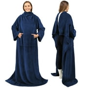 PAVILIA Navy Blue Fleece Wearable Blanket with Sleeves for Adults Women Men, Soft Warm Full Body Wrap Throw, Sweatshirt Pocket, Cozy Pullover Robe Blanket with Arm, Gifts for Christmas Mom Wife