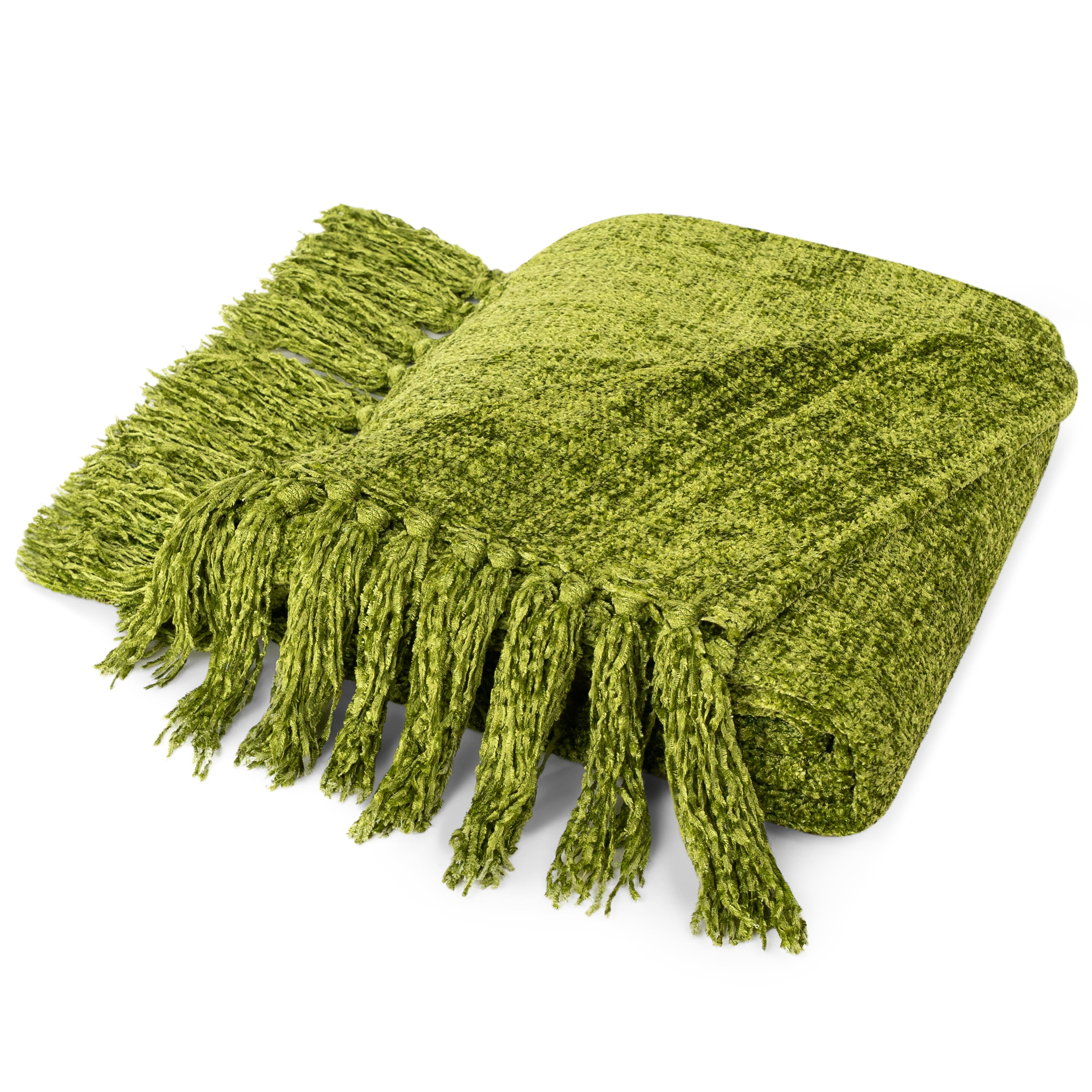 Olive Green Chenille Knit Throw Blanket with Tassel Fringe