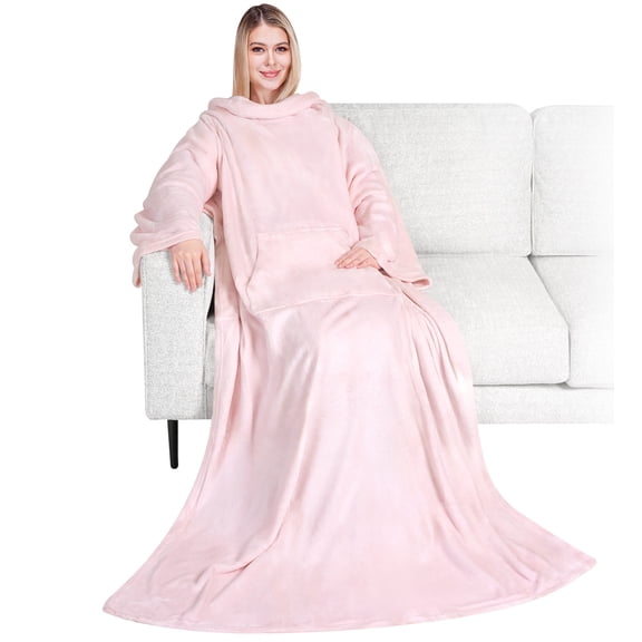 PAVILIA Pink Fleece Wearable Blanket with Sleeves for Adults Women Men, Soft Warm Full Body Wrap Throw, Sweatshirt Pocket, Cozy Pullover Robe Blanket with Arm, Gifts for Christmas Mom Wife