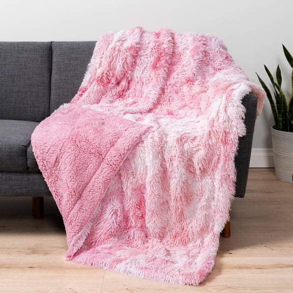 PAVILIA Pink Fluffy Throw Blanket for Couch, Twin Bed, Fuzzy Blanket for Women Men, Furry Plush Warm Blanket Bed Sofa, Super Soft Thick Faux Fur Sherpa Blanket Throw, Tie-Dye, 60x80